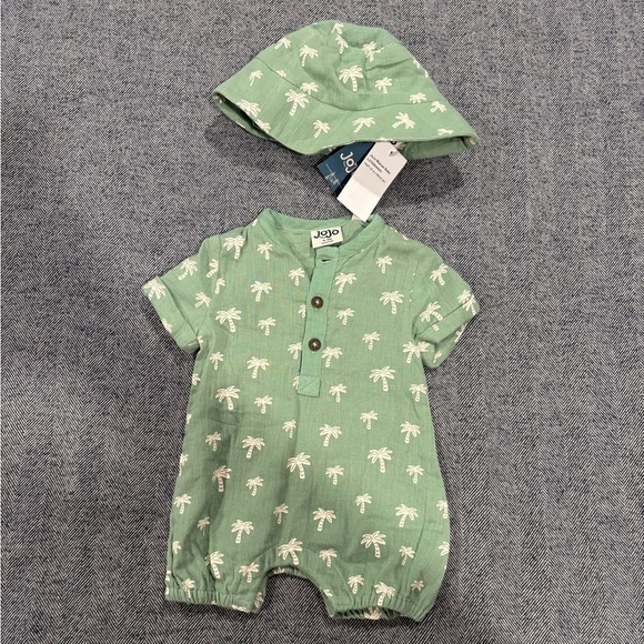 jojo maman bebe palm tree 2 piece cheesecloth romper-hat set | size 0-3 months - Picture 2 of 6